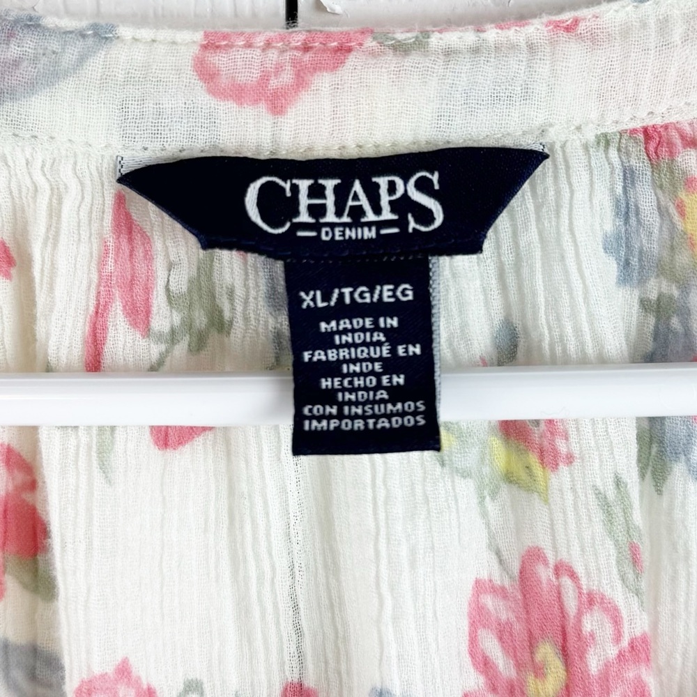Chaps Cream 3/4 Sleeve Lighweight Boho Relaxed Buttoned Floral Pullover Blouse - Picture 6 of 9
